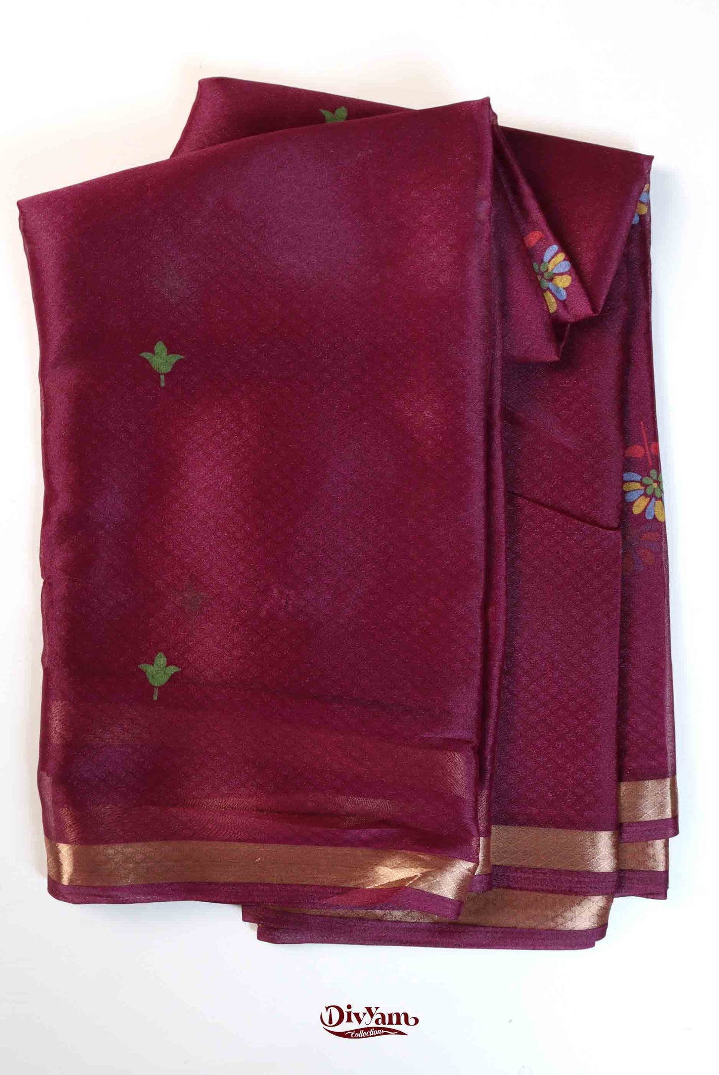 DC207 | Glass Silk Saree with Floral Motifs & Leaf Pallu Design