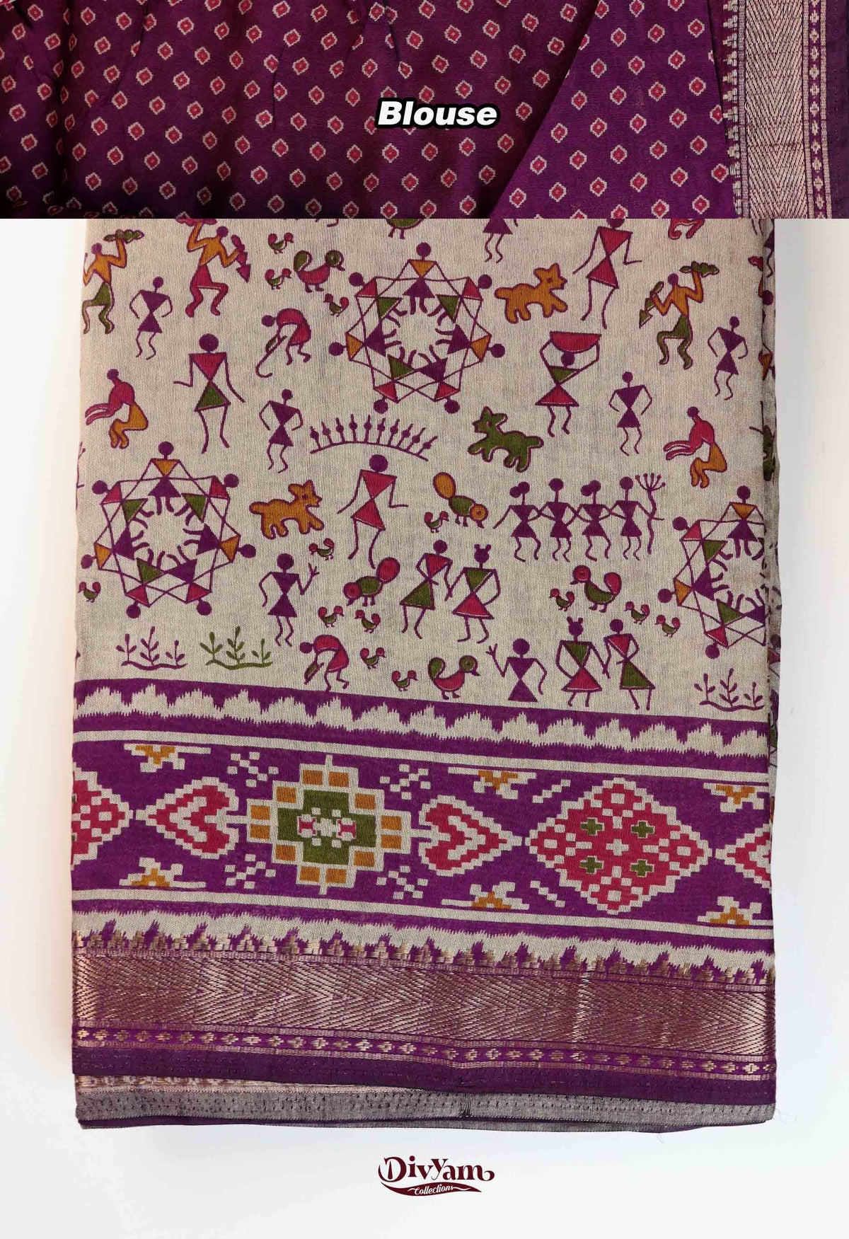 DC285 | Mangalagiri silk Saree with Adivasi Varli Art & contrast  Running Blouse
