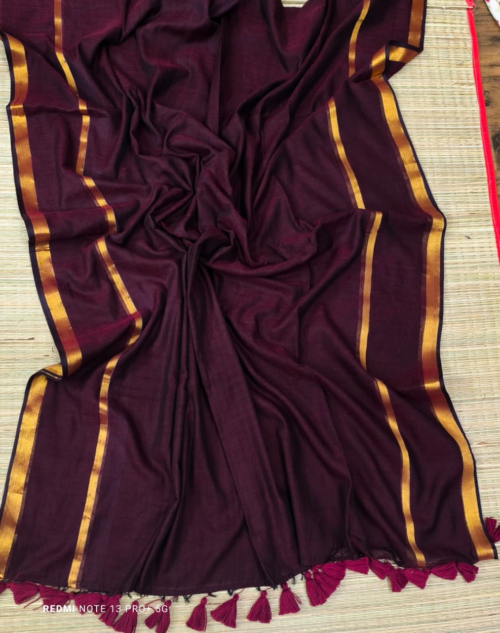 DC185 | Pure Soft Mul 120 count Cotton Plain Saree with Premium Gape Border and tussels
