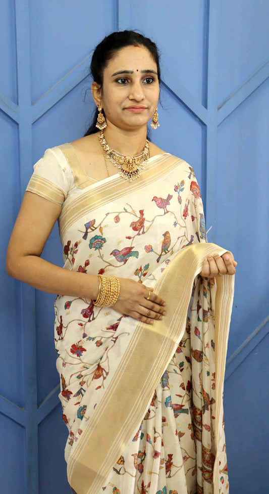 DC136 | Fancy Georgette Silk Saree with Birds Kalamkari Design & Big Jari Border | Pastel Colours | Running Blouse