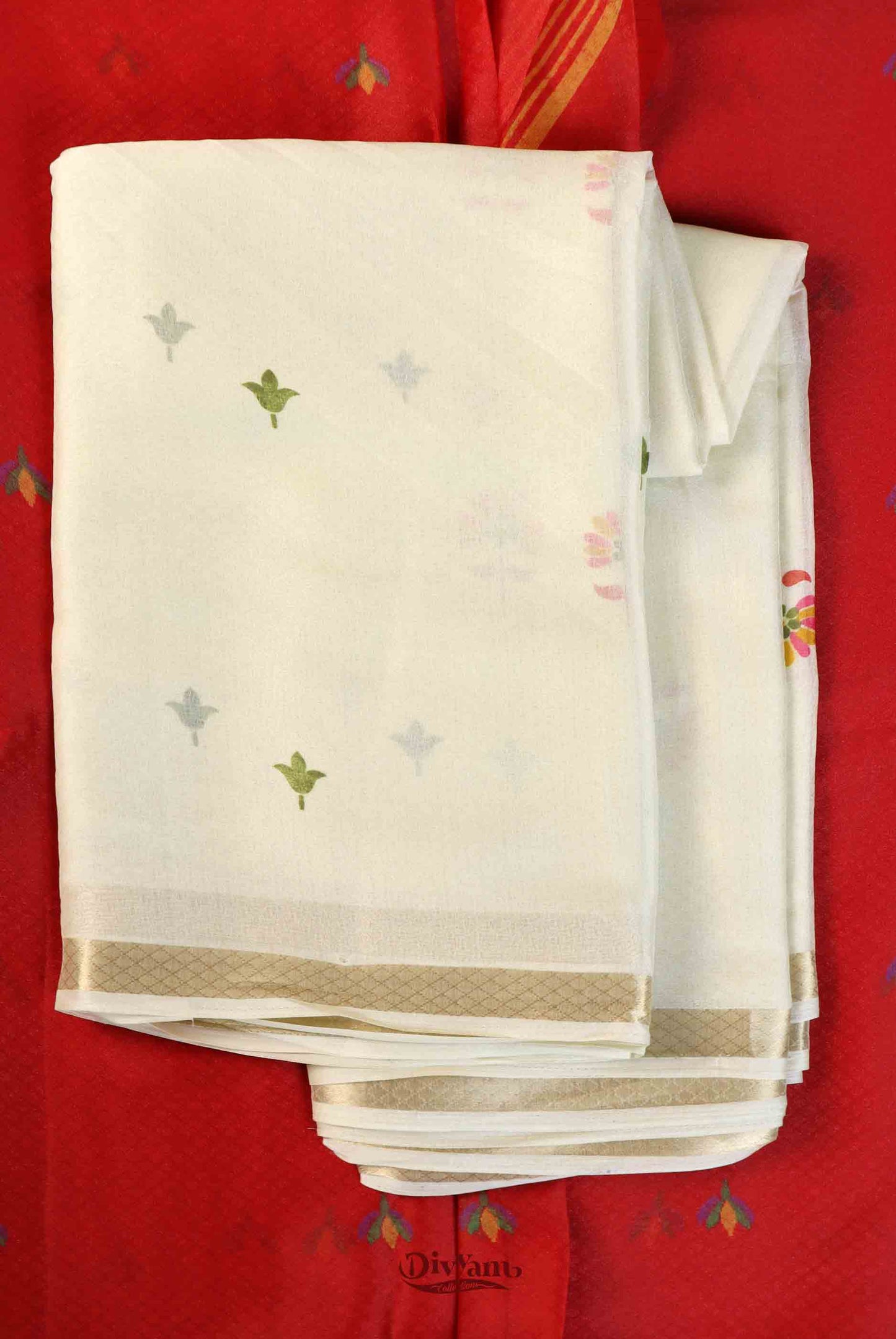 DC207 | Glass Silk Saree with Floral Motifs & Leaf Pallu Design