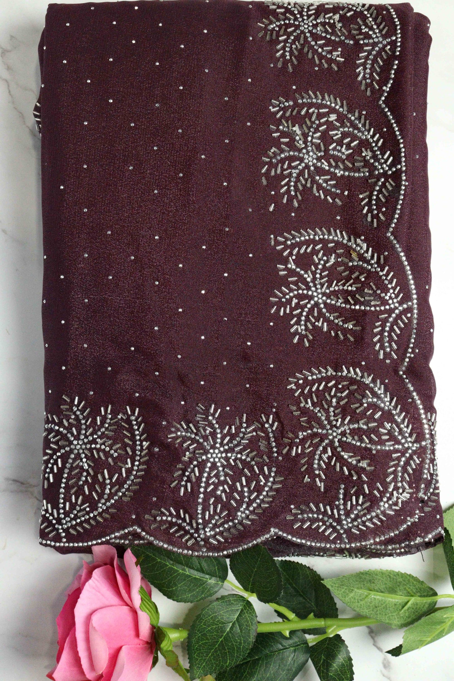 DCSS37 | Wine Stone Work Silk Saree with Swarovski & Aari Blouse