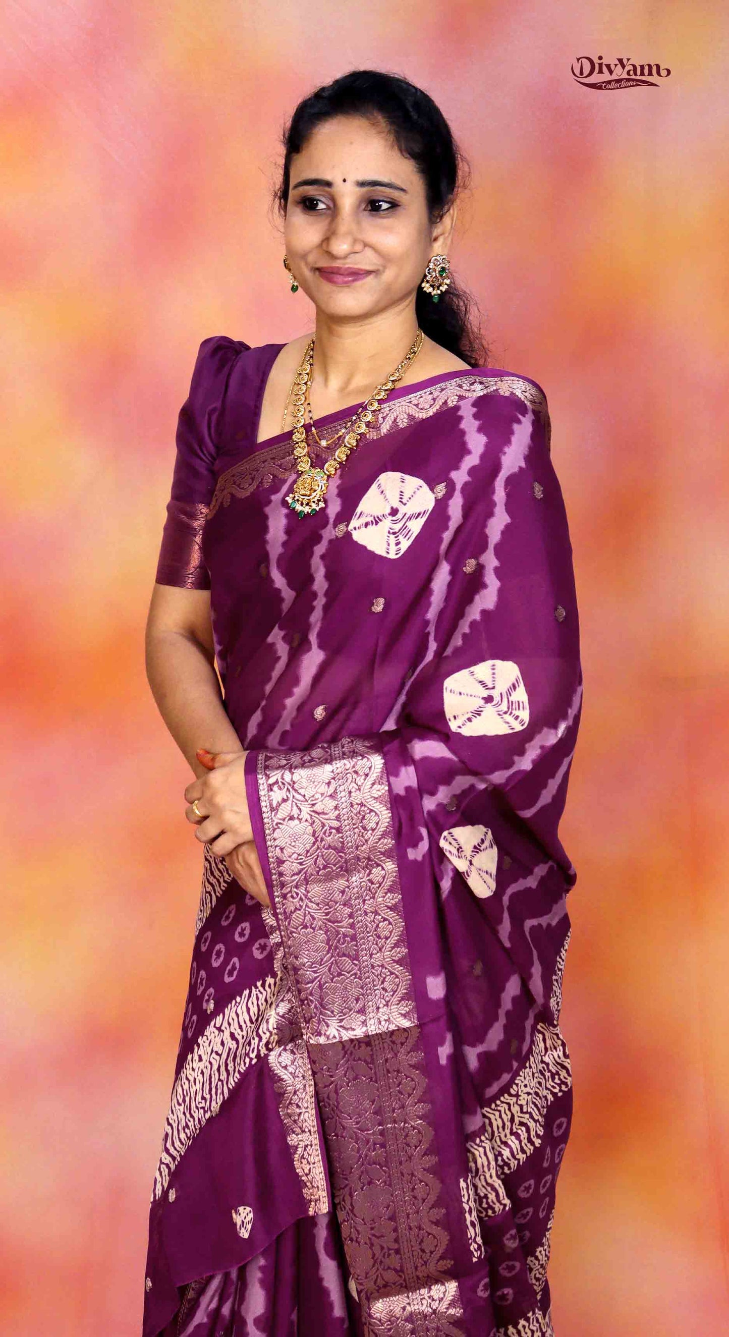 DC275 | Soft Chinon Crepe Silk Saree with Bandhini Shibori Design & Gold Zari Border