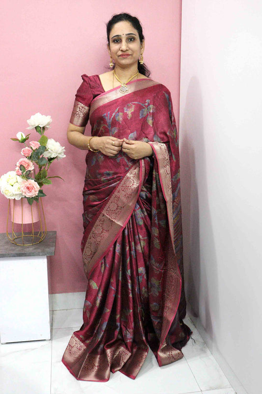DC108 | Designer Silk Saree with Gold Zari Border & Floral Print | Elegant Festive Wear | Running Blouse