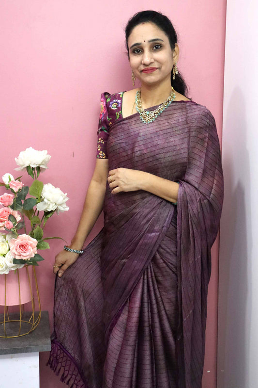 DC106 | Party Wear Brasso Saree with Thread Weaving, Tiny Sequence Work & Shibori Highlights | Tassels Pallu | Kalamkari Satin Blouse