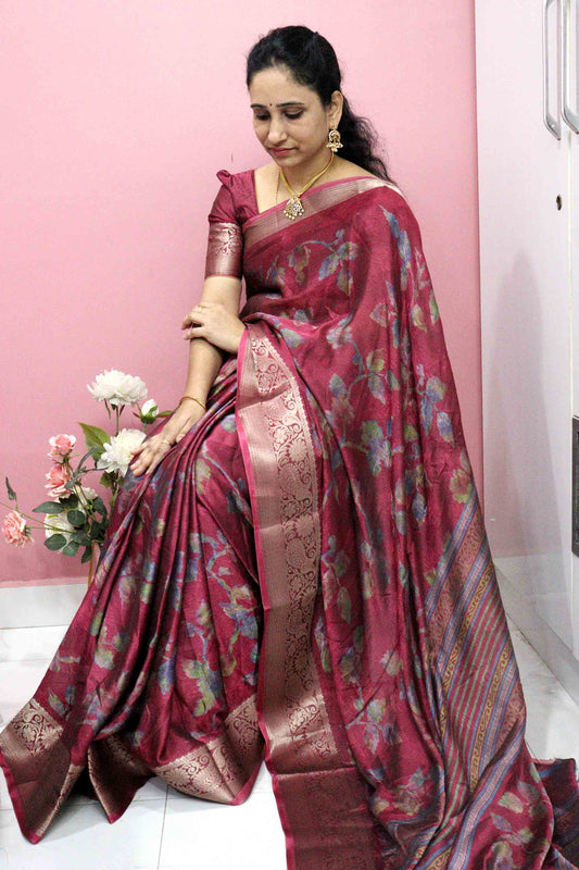 DC108 | Designer Silk Saree with Gold Zari Border & Floral Print | Elegant Festive Wear | Running Blouse