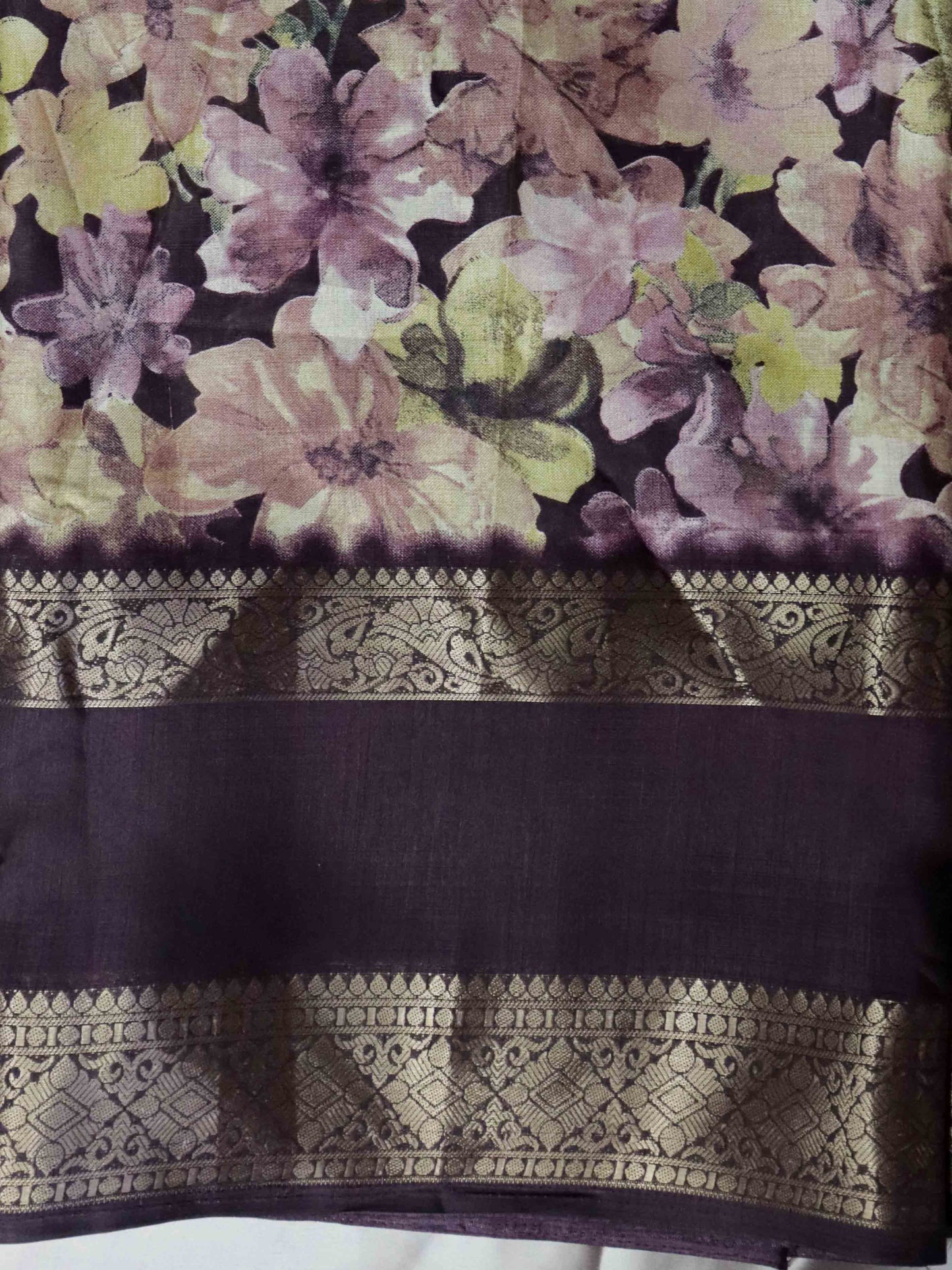 Dark Brown Fancy Silk Saree With Jacquard Gap Border and Beautiful Floral Print