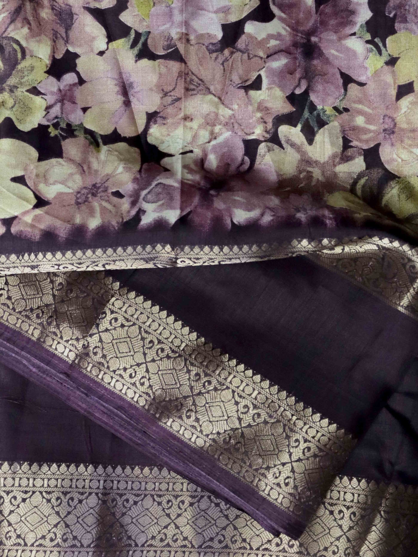 Dark Brown Fancy Silk Saree With Jacquard Gap Border and Beautiful Floral Print