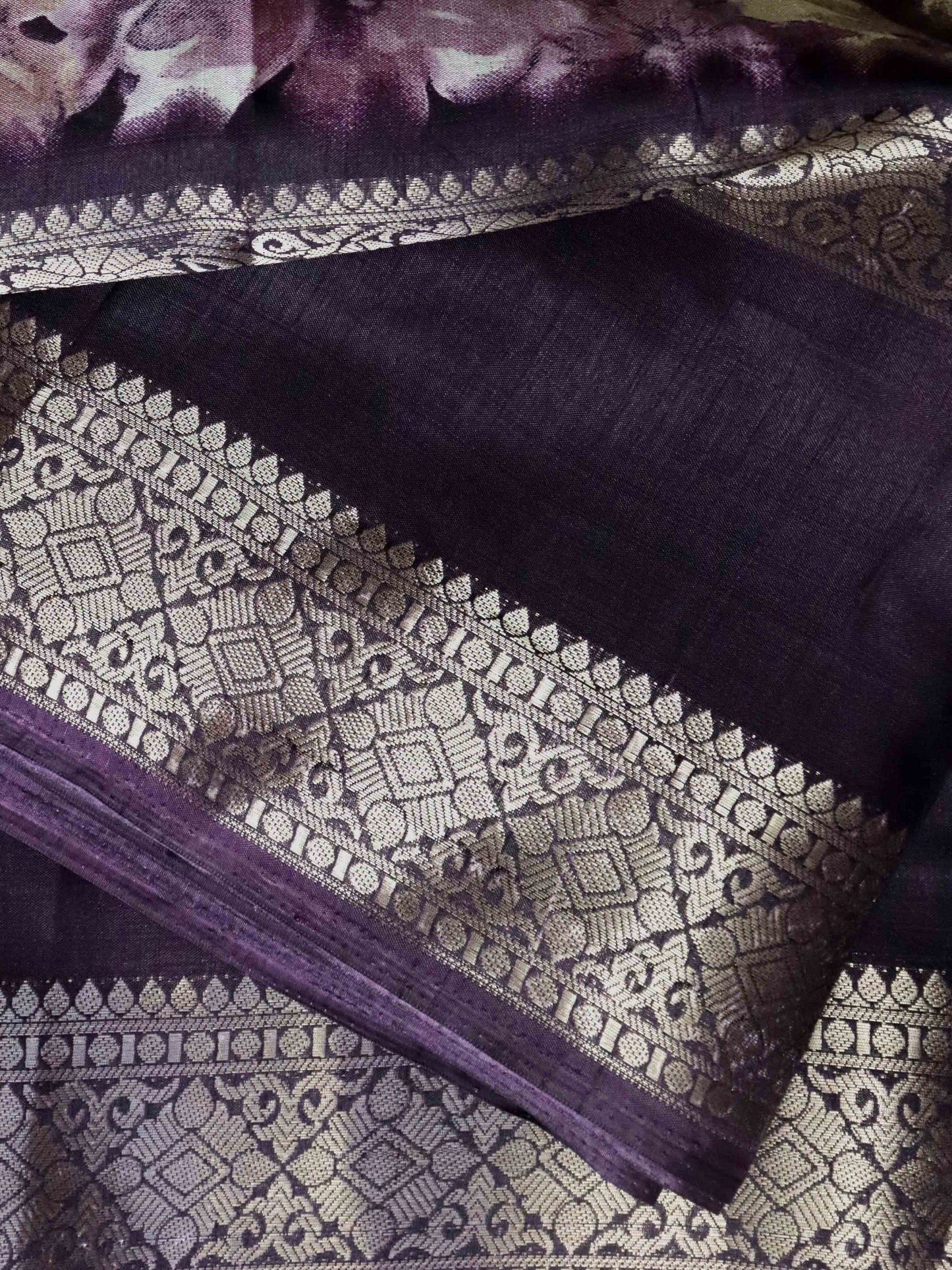 Dark Brown Fancy Silk Saree With Jacquard Gap Border and Beautiful Floral Print