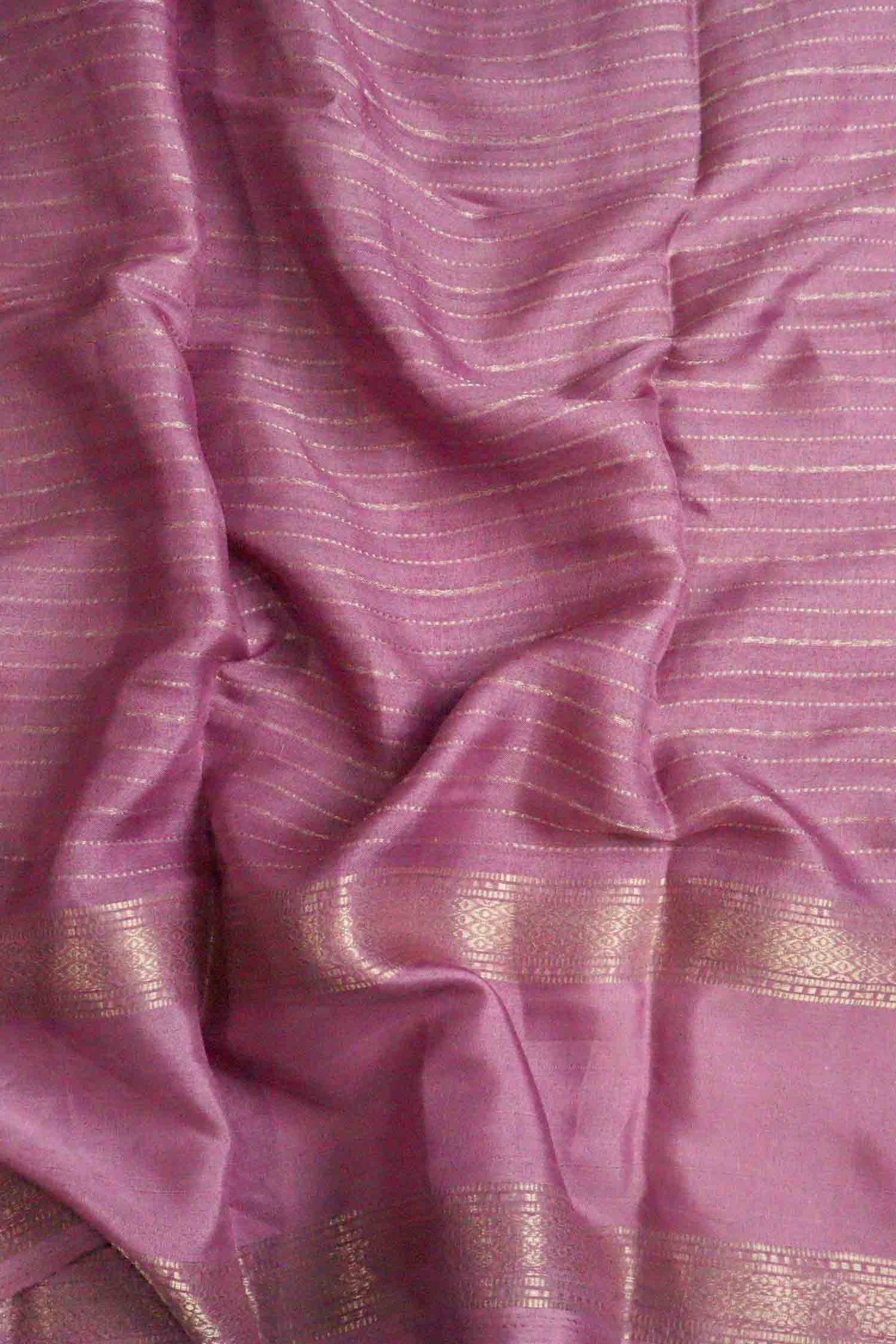 DCMS43 | Wine Pink Mysore Crepe Silk Saree with Light Pink & Golden Zari Gap Border