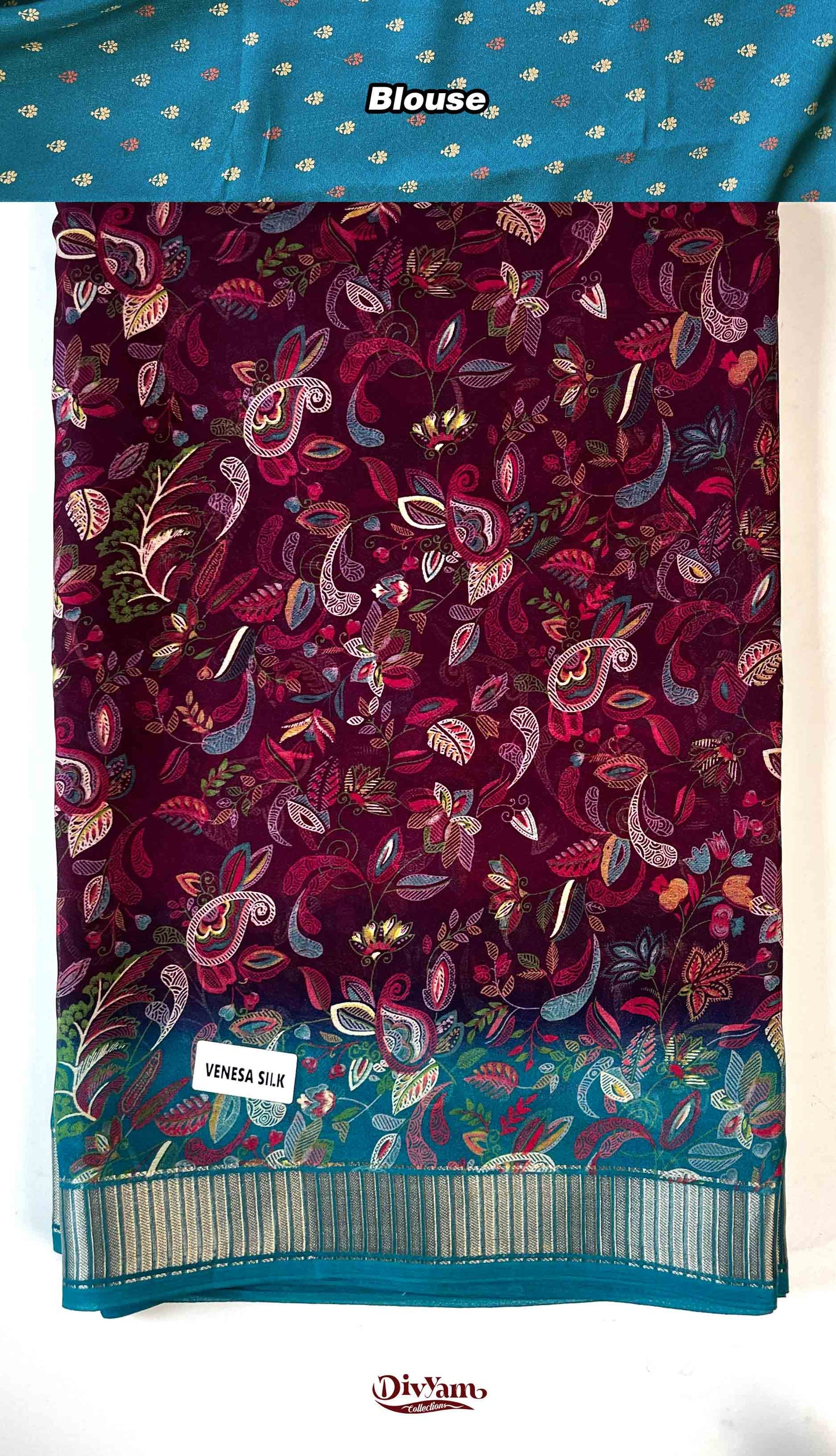 DC188 | Soft Georgette Kalamkari Print Saree with Jari Piping Border & Contrast Blouse