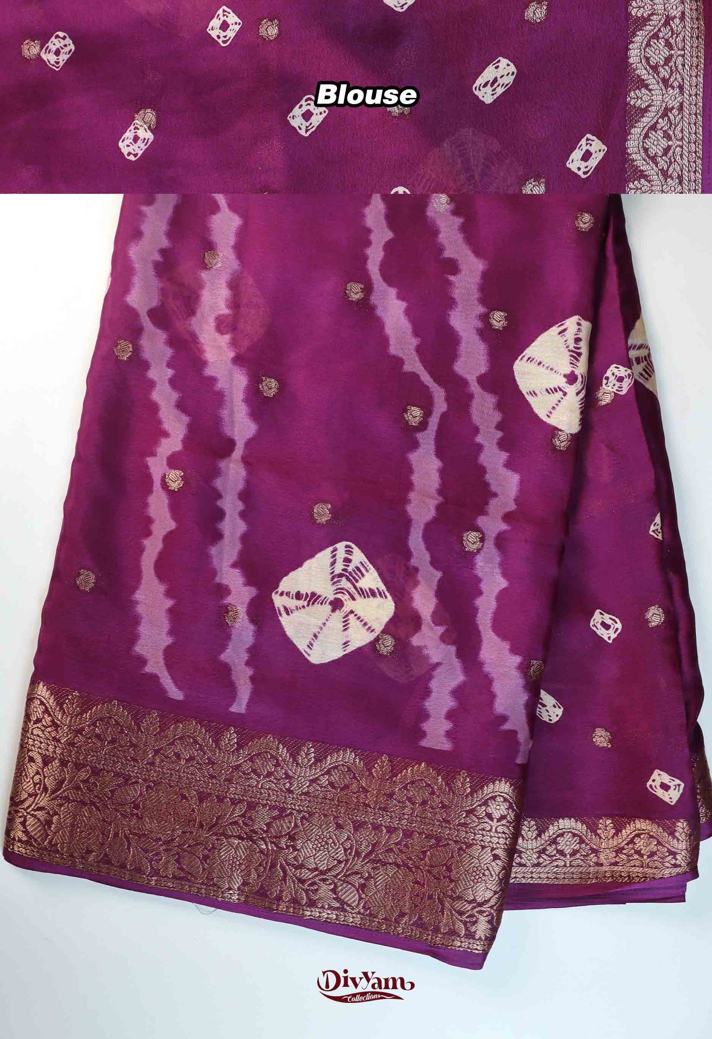 DC275 | Soft Chinon Crepe Silk Saree with Bandhini Shibori Design & Gold Zari Border