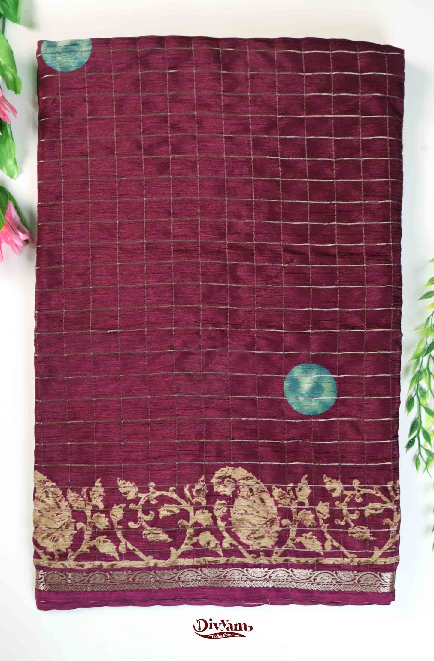 DC225 | Premium Chinon Crêpe Saree with Jari Checks & Floral Accents