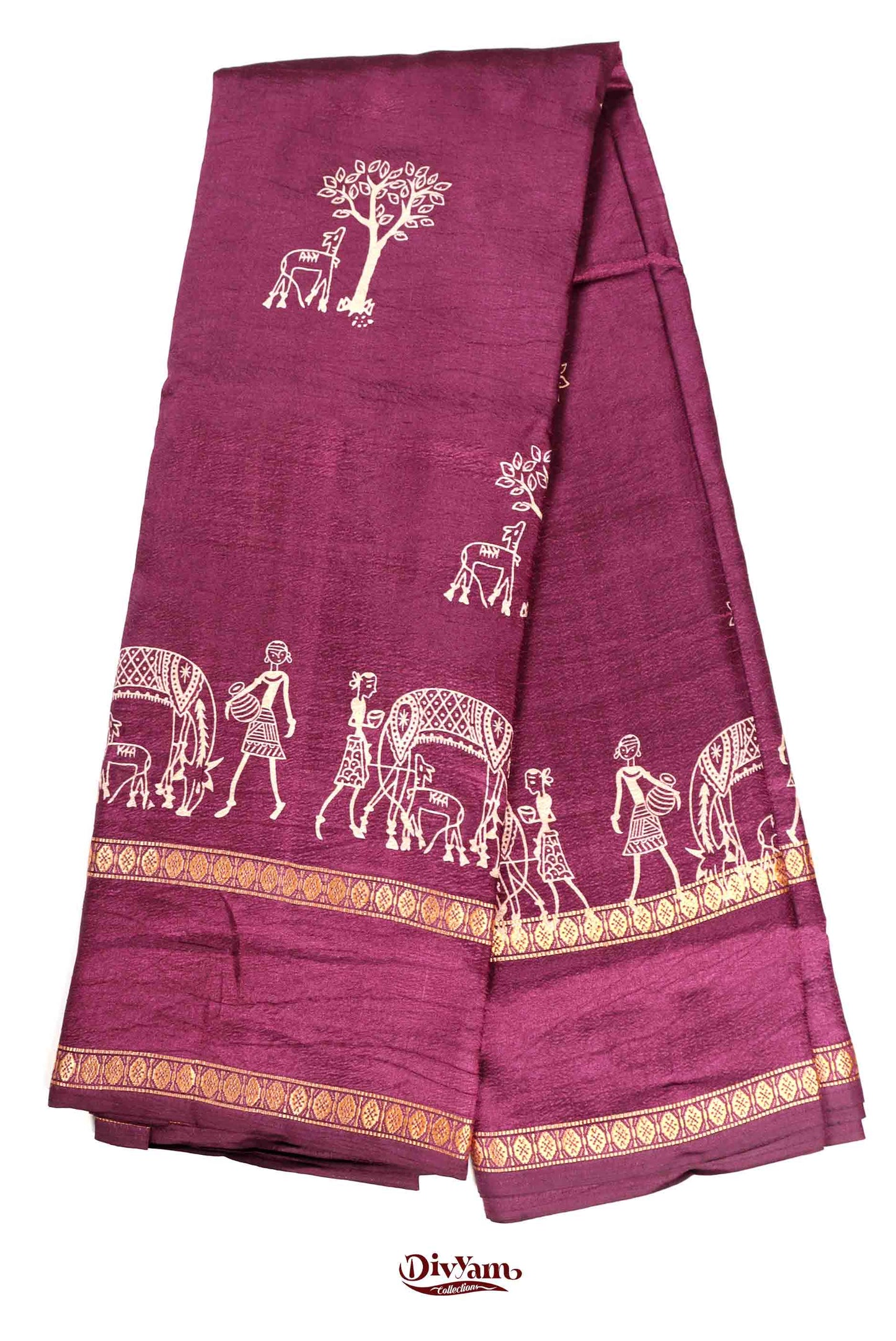 DC232 | Fancy Soft Silk Saree with Warli Adivasi Design & Zari Gap Border