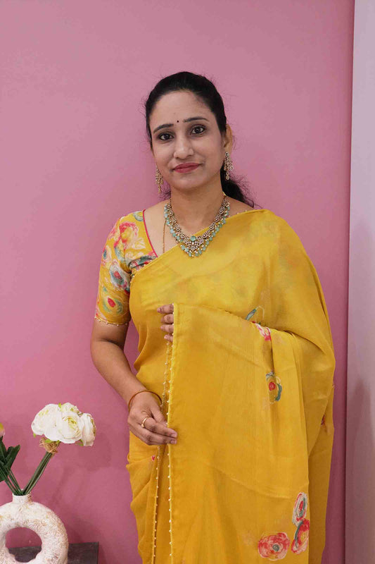 DCCH44 | Pastel Yellow Pure Chiffon Saree with Floral Print & Beaded Border | Elegant Lightweight Drape