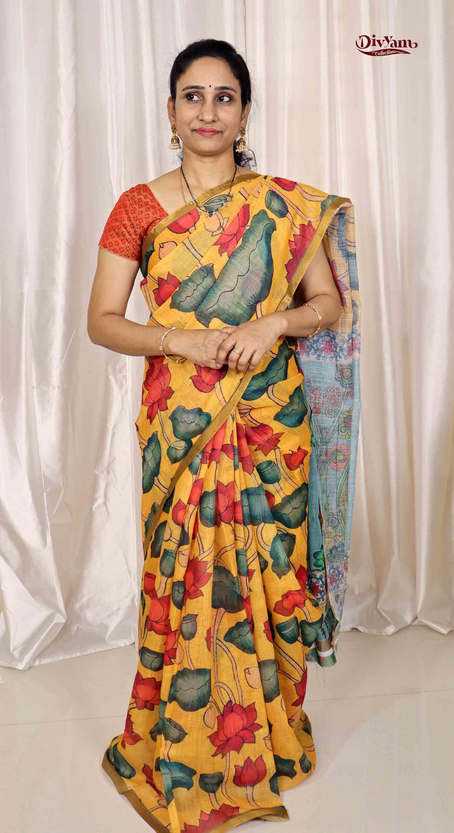 DC167 | Linen Cotton Saree with Pen Kalamkari Lotus Design | Pastel Shades | Artistic Blouse
