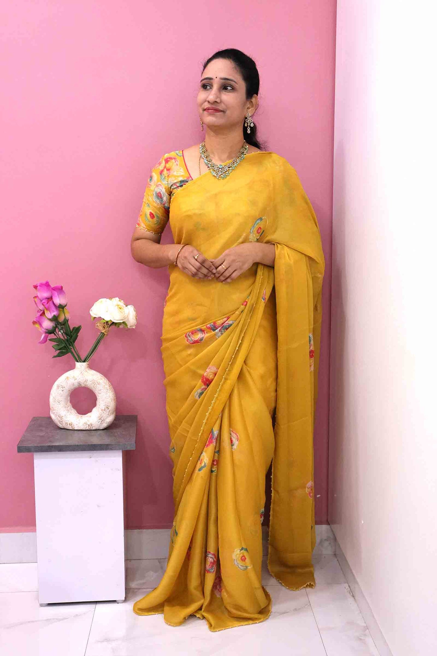 DCCH44 | Pastel Yellow Pure Chiffon Saree with Floral Print & Beaded Border | Elegant Lightweight Drape