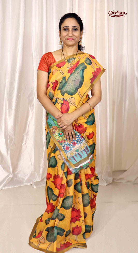 DC167 | Linen Cotton Saree with Pen Kalamkari Lotus Design | Pastel Shades | Artistic Blouse