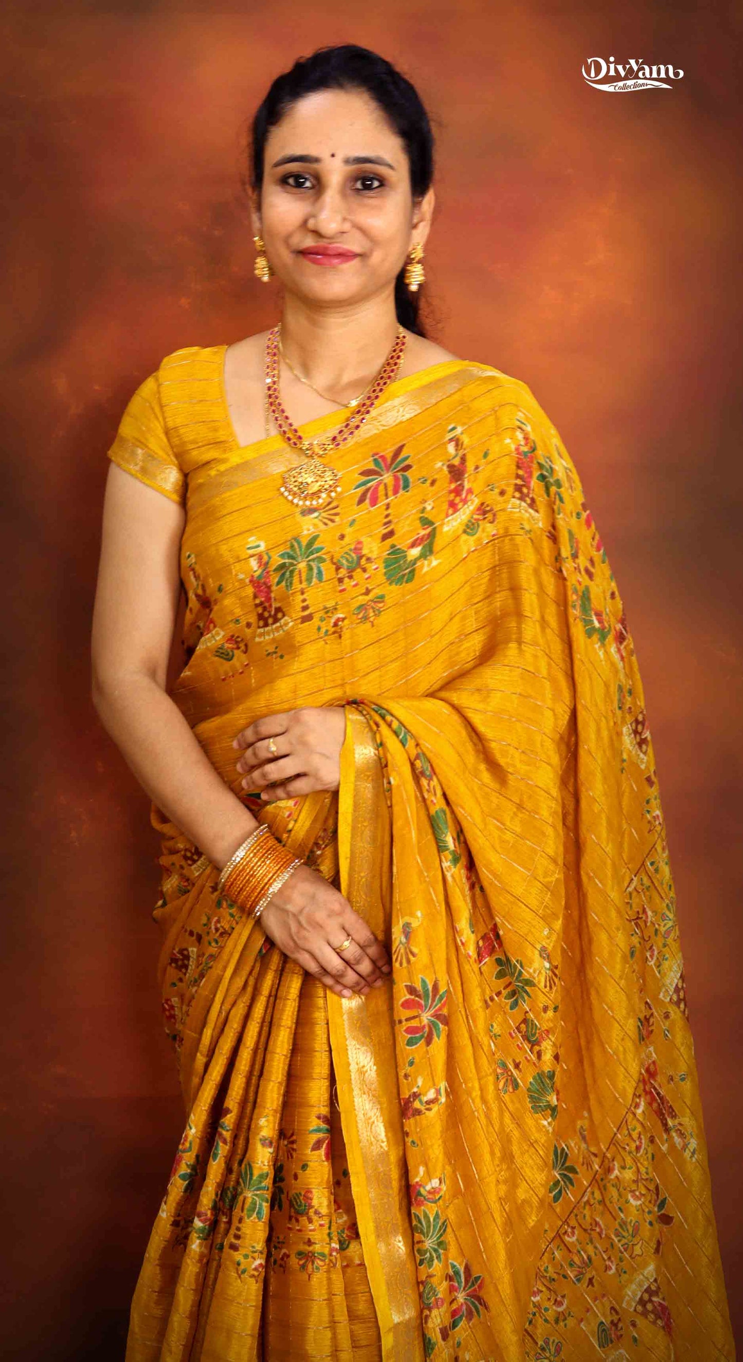 DC177 | Premium Chinon Crêpe Pattachitra Hand-Painted Saree with Jari Checks & Floral Accents