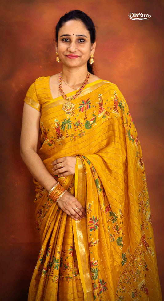 DC177 | Premium Chinon Crêpe Pattachitra Hand-Painted Saree with Jari Checks & Floral Accents