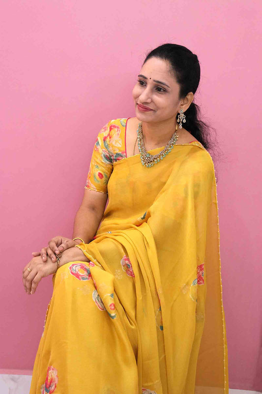 DCCH44 | Pastel Yellow Pure Chiffon Saree with Floral Print & Beaded Border | Elegant Lightweight Drape