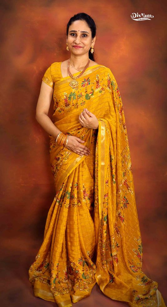 DC177 | Premium Chinon Crêpe Pattachitra Hand-Painted Saree with Jari Checks & Floral Accents