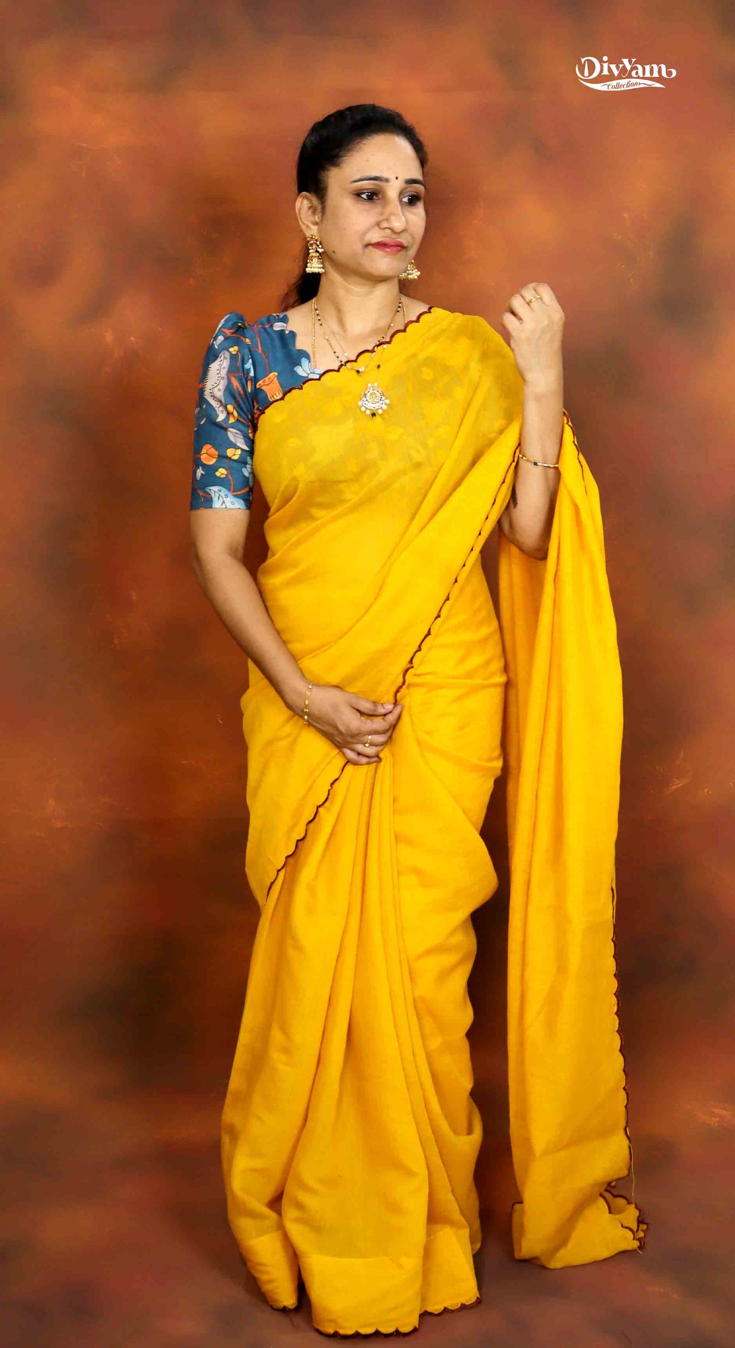 DC200 | Fancy Cotton Plain Saree with Kalamkari Printed Blouse Piece