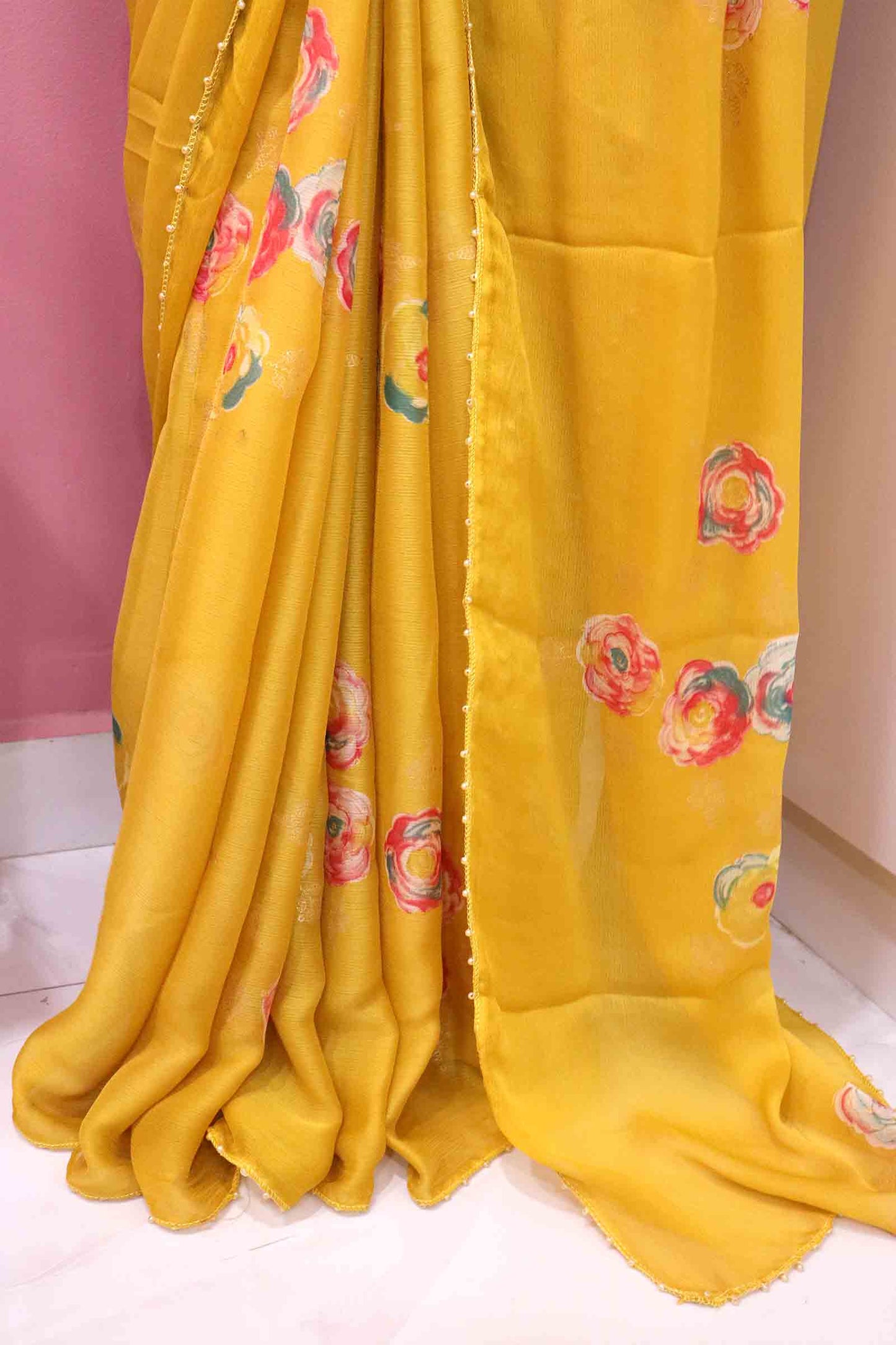 DCCH44 | Pastel Yellow Pure Chiffon Saree with Floral Print & Beaded Border | Elegant Lightweight Drape