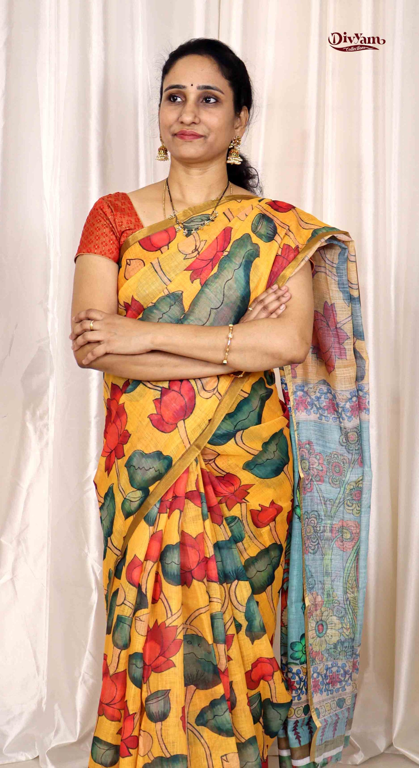DC167 | Linen Cotton Saree with Pen Kalamkari Lotus Design | Pastel Shades | Artistic Blouse