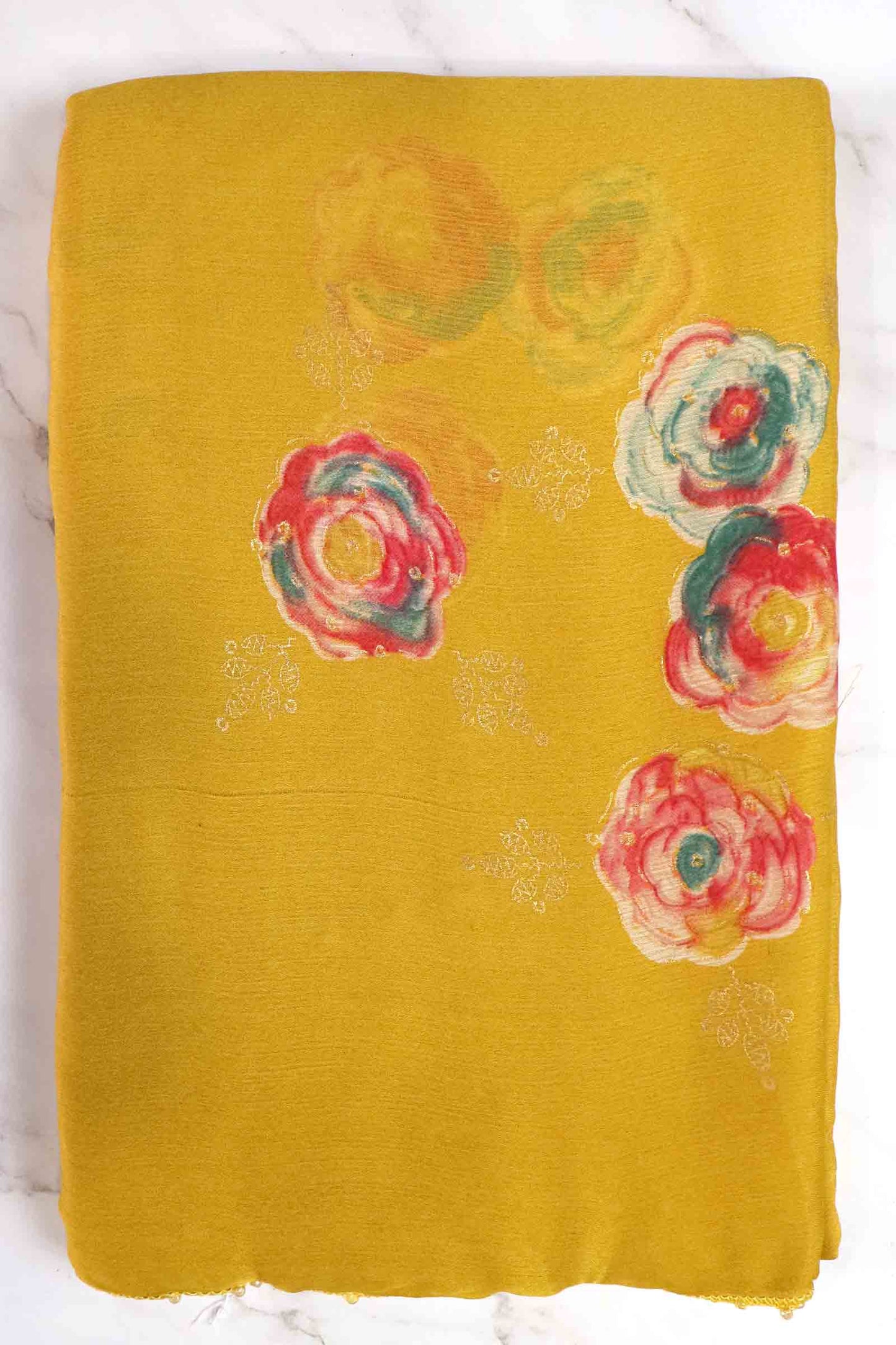 DCCH44 | Pastel Yellow Pure Chiffon Saree with Floral Print & Beaded Border | Elegant Lightweight Drape