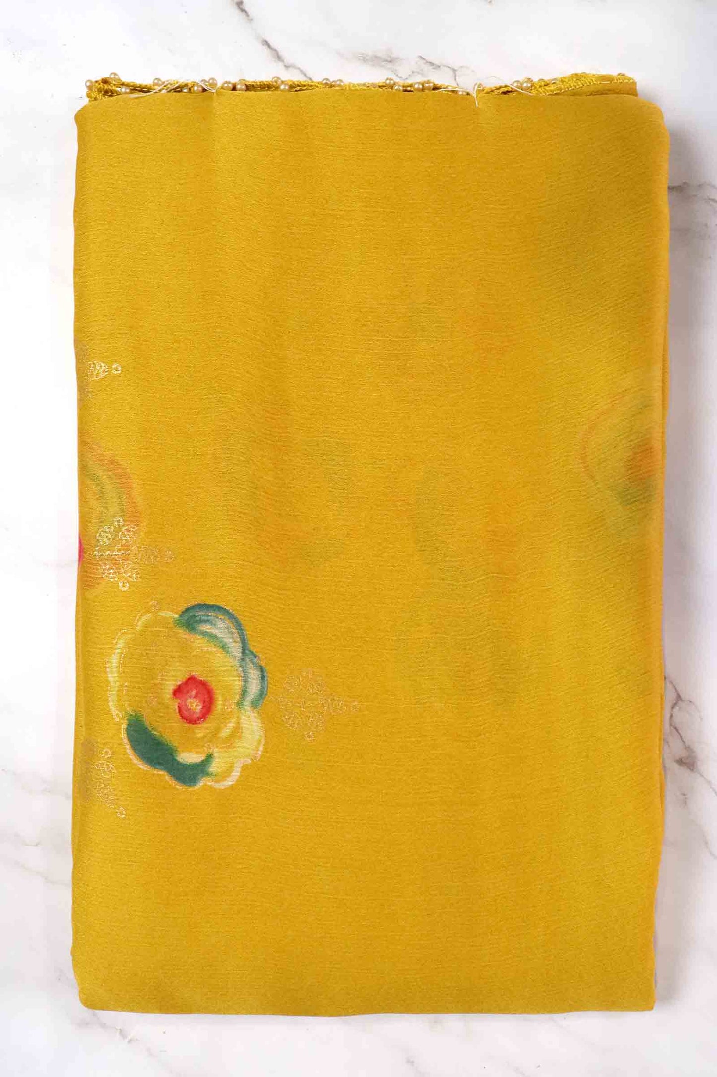 DCCH44 | Pastel Yellow Pure Chiffon Saree with Floral Print & Beaded Border | Elegant Lightweight Drape