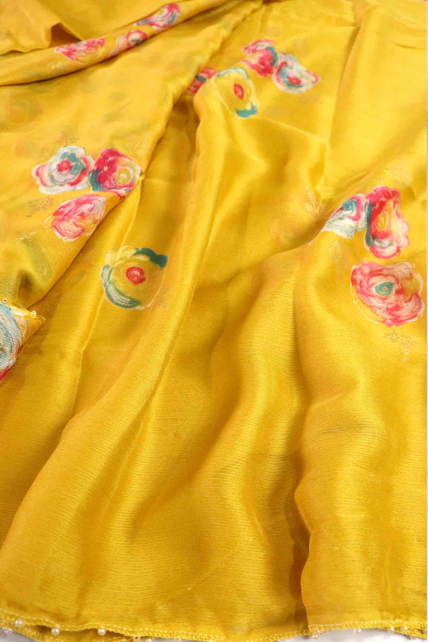 DCCH44 | Pastel Yellow Pure Chiffon Saree with Floral Print & Beaded Border | Elegant Lightweight Drape