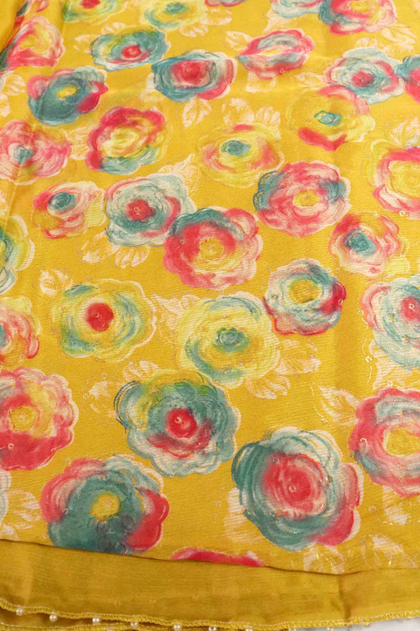 DCCH44 | Pastel Yellow Pure Chiffon Saree with Floral Print & Beaded Border | Elegant Lightweight Drape