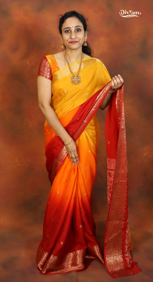 DC140 | Soft Chinon Crepe Silk Saree with 3-Shade Design & Gold Zari Border | Running Blouse | 6 Colours