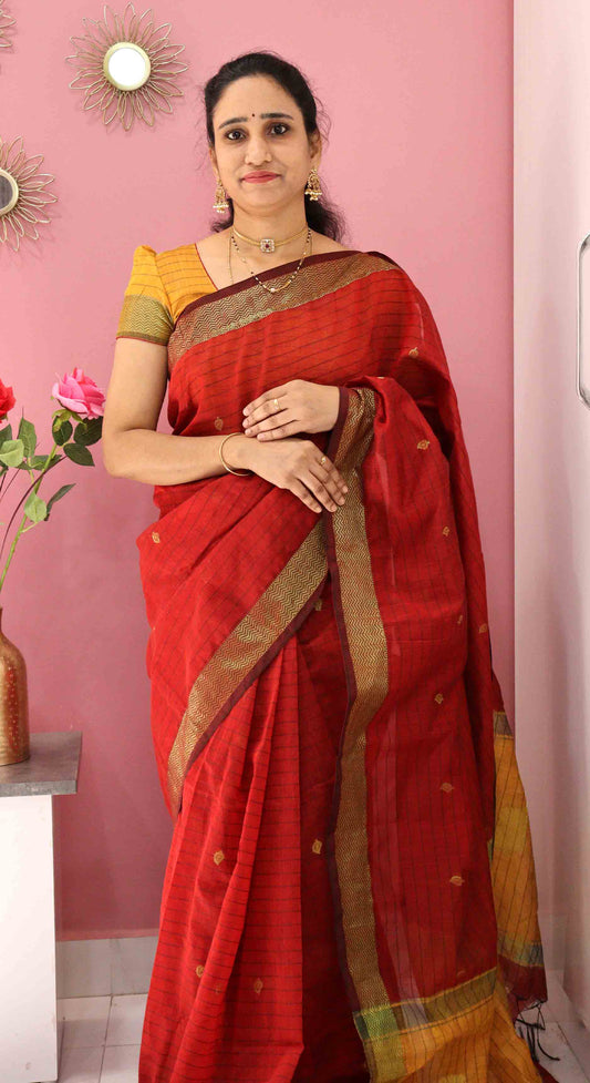 DC132 | Maheshwari Handloom Silk Cotton Saree with Golden Jari Buttas & Dual Shade Pallu | 7 Colours