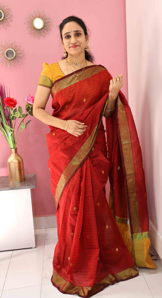 DC132 | Maheshwari Handloom Silk Cotton Saree with Golden Jari Buttas & Dual Shade Pallu | 7 Colours