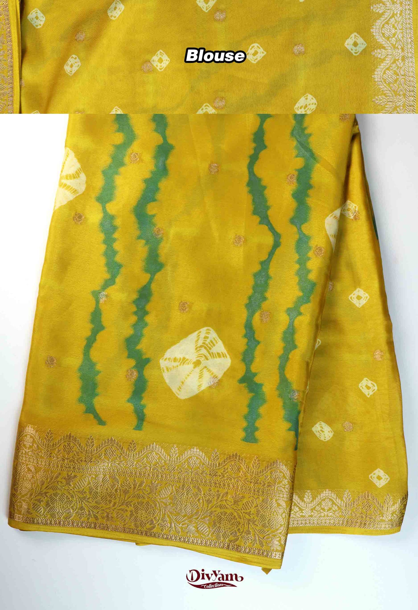 DC275 | Soft Chinon Crepe Silk Saree with Bandhini Shibori Design & Gold Zari Border