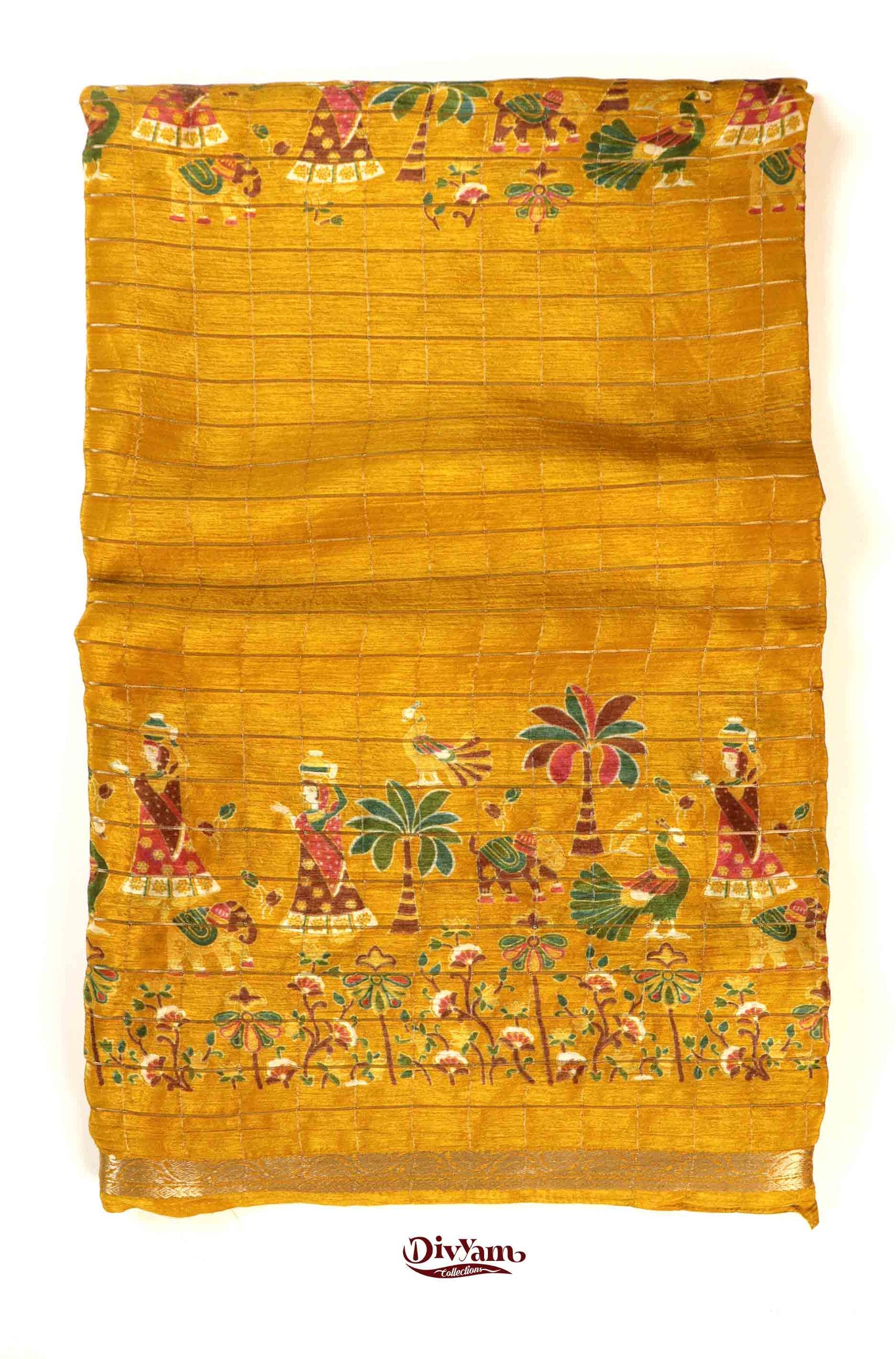 DC177 | Premium Chinon Crêpe Pattachitra Hand-Painted Saree with Jari Checks & Floral Accents