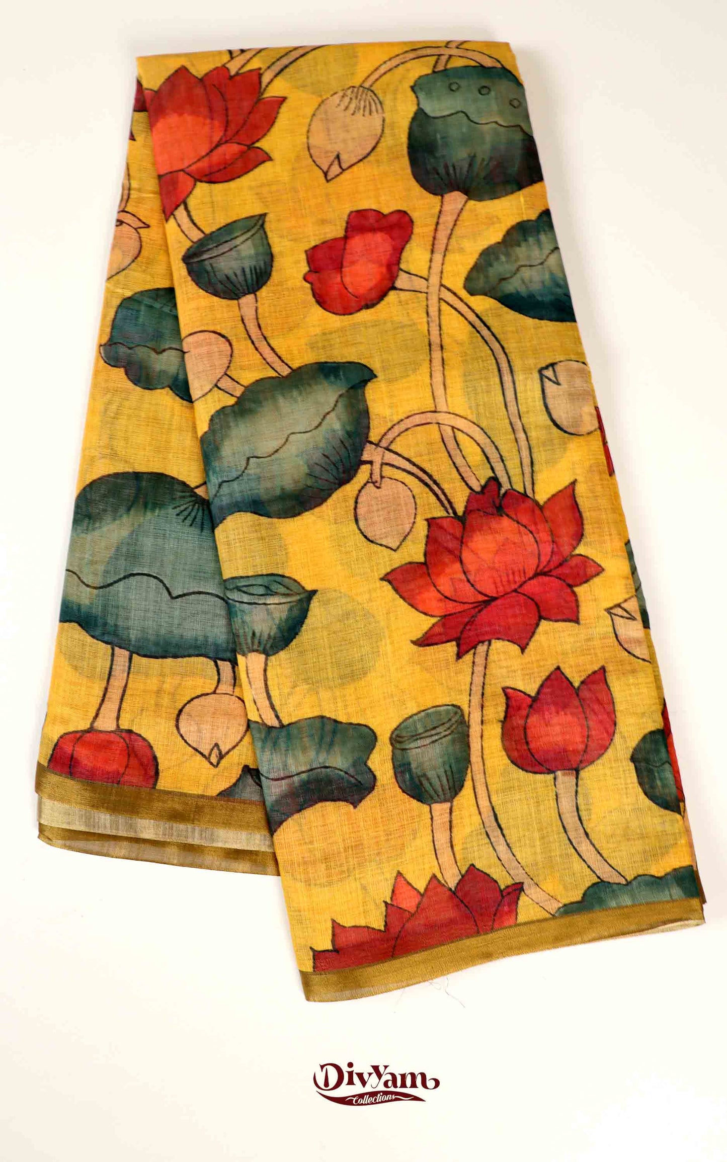 DC167 | Linen Cotton Saree with Pen Kalamkari Lotus Design | Pastel Shades | Artistic Blouse