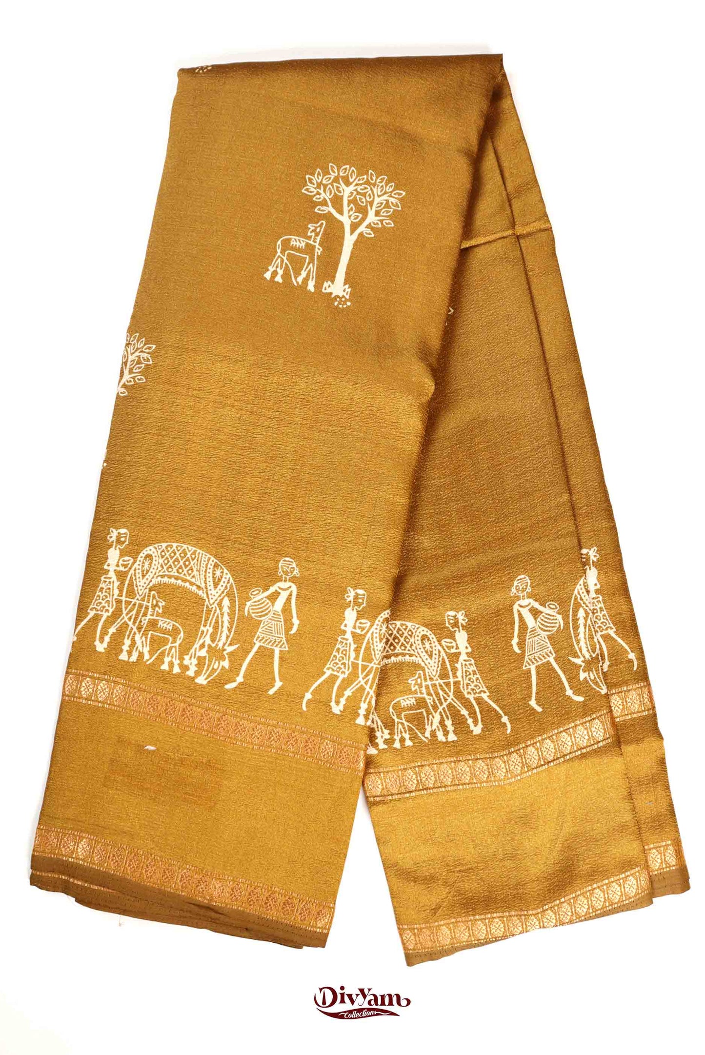 DC232 | Fancy Soft Silk Saree with Warli Adivasi Design & Zari Gap Border