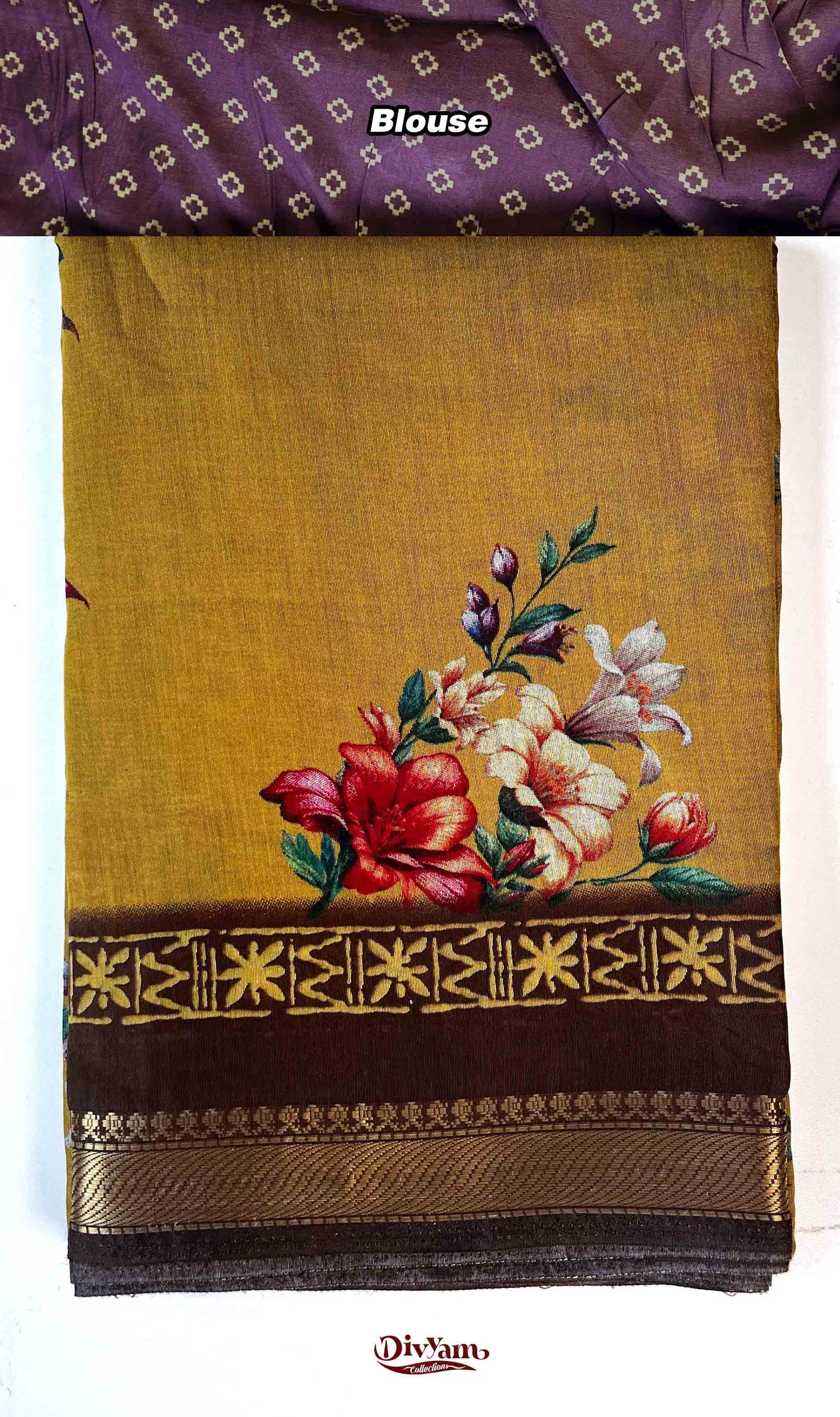 DC192 | Premium Maheshwari Silk Floral Print Saree with Nizampet Border & Contrast Blouse