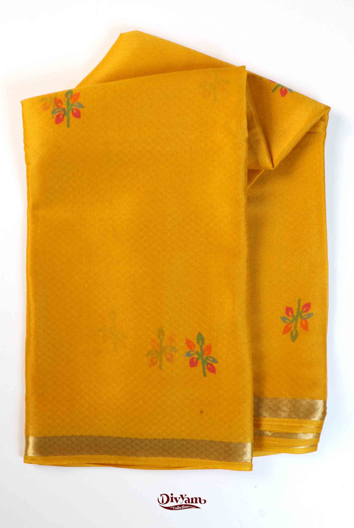 DC207 | Glass Silk Saree with Floral Motifs & Leaf Pallu Design