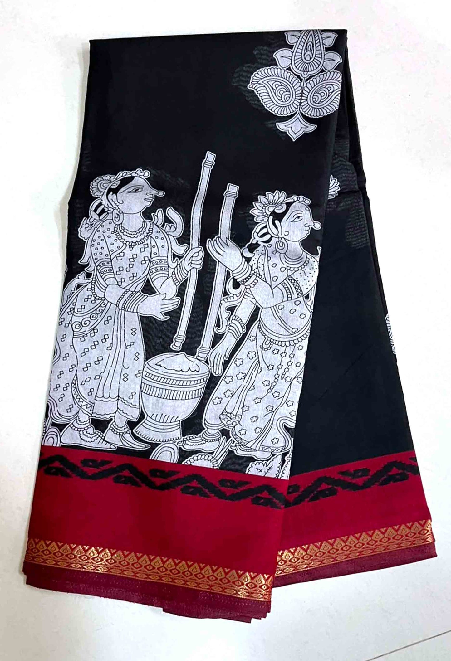 DC240 | Maheshwari Silk Saree with Sri Kalahasti Kalamkari & Narayanpet Zari Border