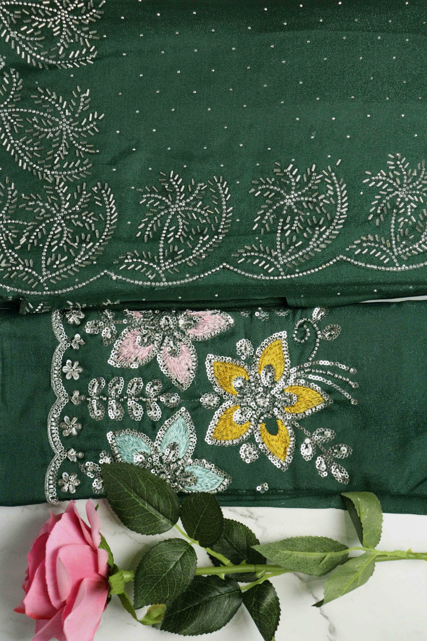 DCSS37 | Bottle Green Stone Work Silk Saree with Swarovski & Aari Blouse