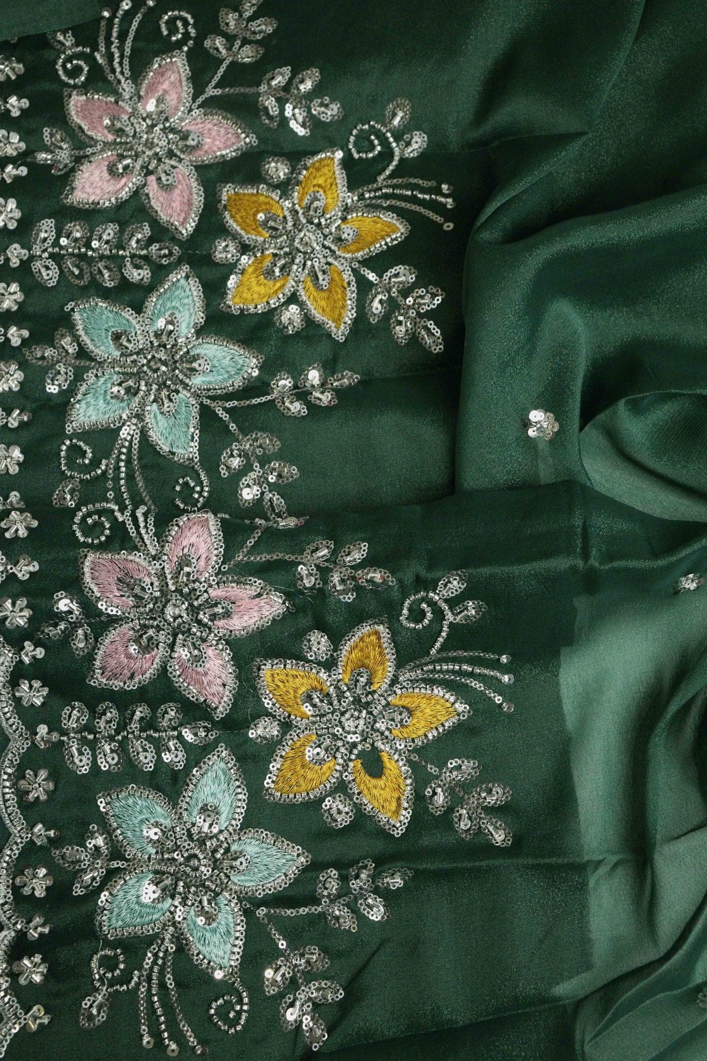 DCSS37 | Bottle Green Stone Work Silk Saree with Swarovski & Aari Blouse