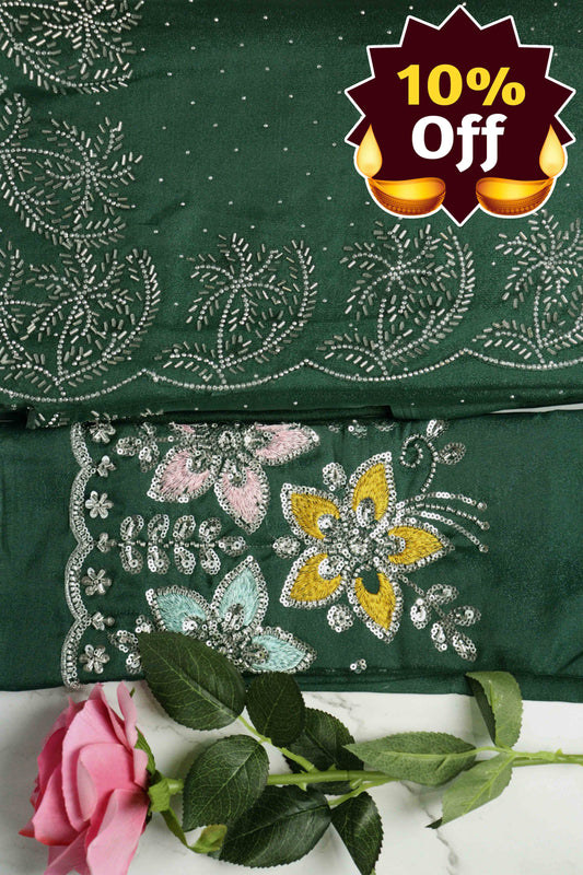 DCSS37 | Bottle Green Stone Work Silk Saree with Swarovski & Aari Blouse