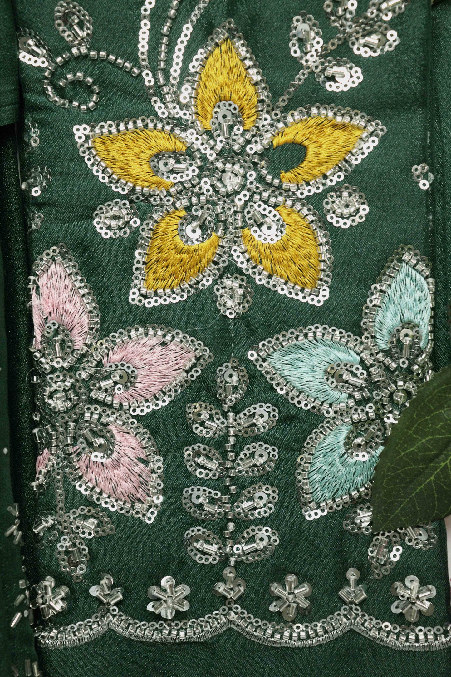 DCSS37 | Bottle Green Stone Work Silk Saree with Swarovski & Aari Blouse