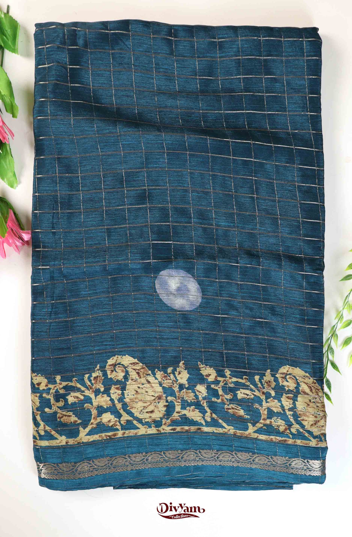 DC225 | Premium Chinon Crêpe Saree with Jari Checks & Floral Accents