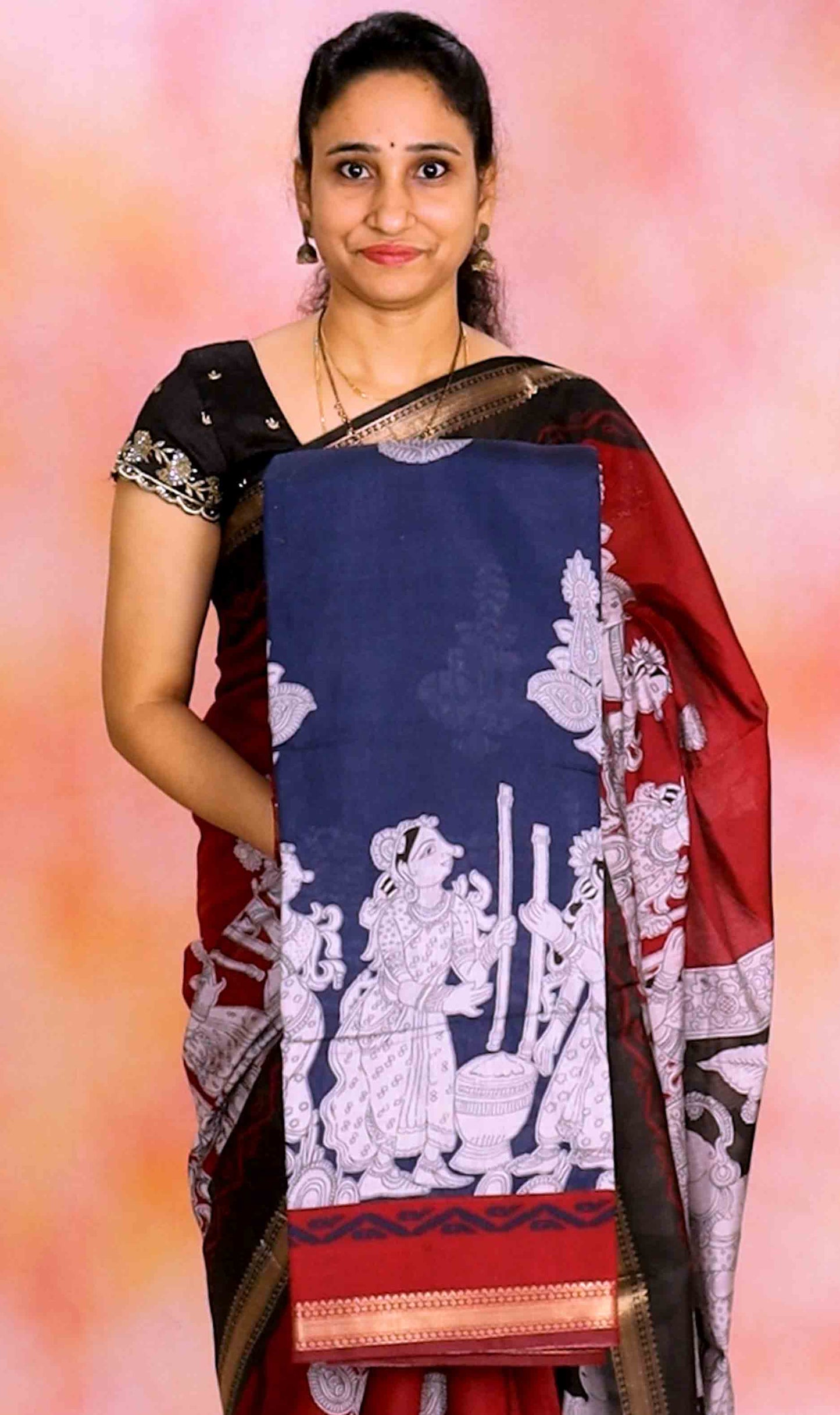 DC240 | Maheshwari Silk Saree with Sri Kalahasti Kalamkari & Narayanpet Zari Border