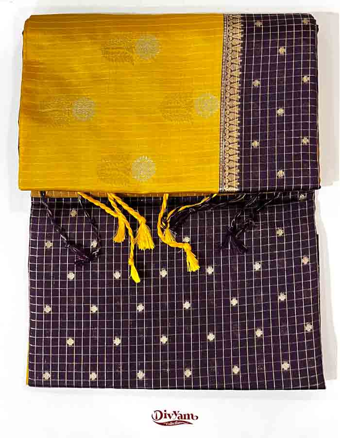 DC301 | Fancy Semi Pattu Saree with Vintage Checks & Zari Floral Butties